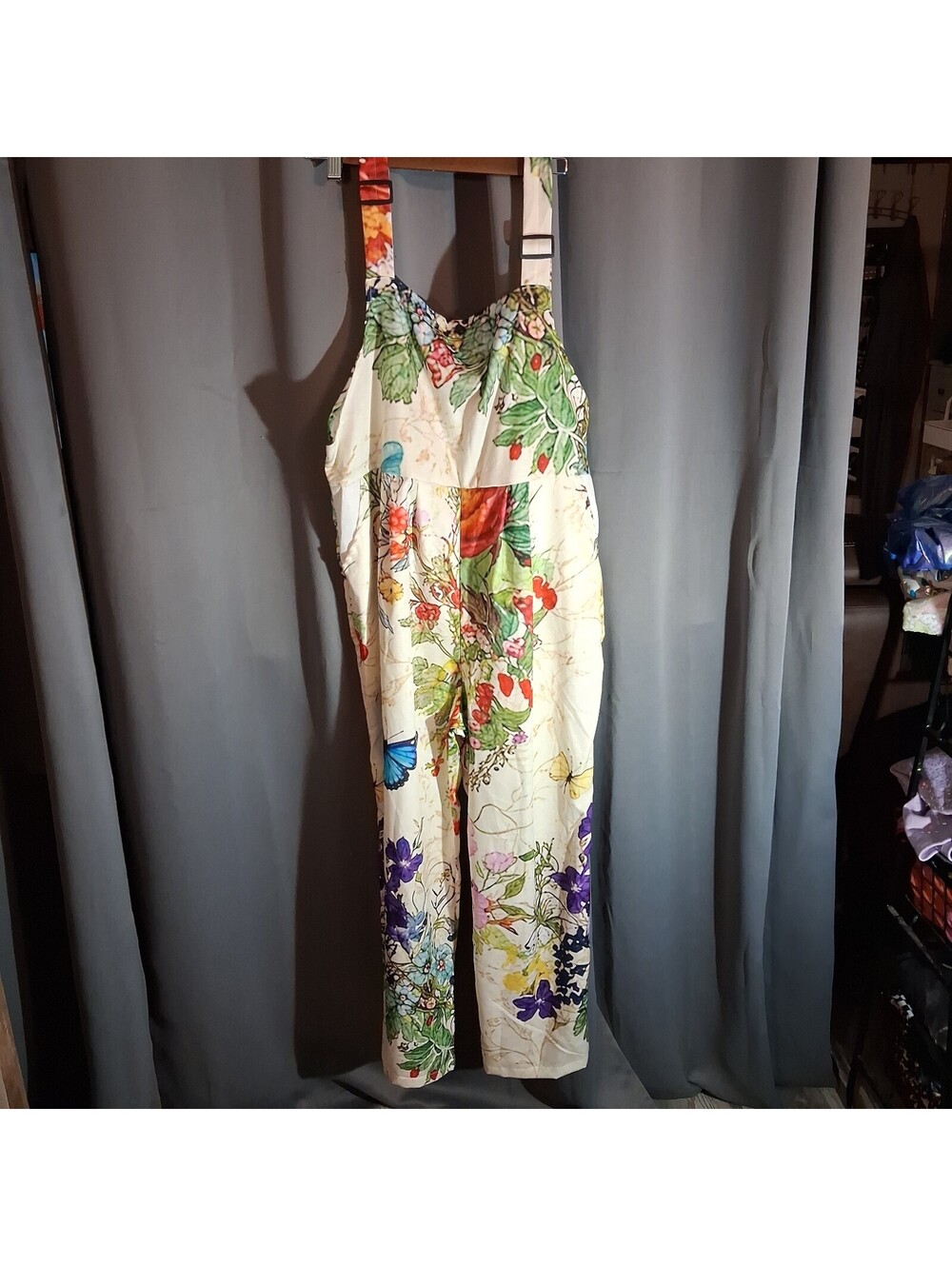 Floral Print Cream Jumpsuit with Wide Straps and Pockets XL TO 2X